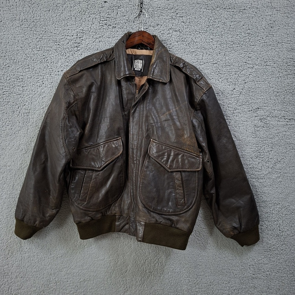 Vintage Brown Genuine Leather Bomber Jacket Men's Large Drop Shoulder Patina 90s